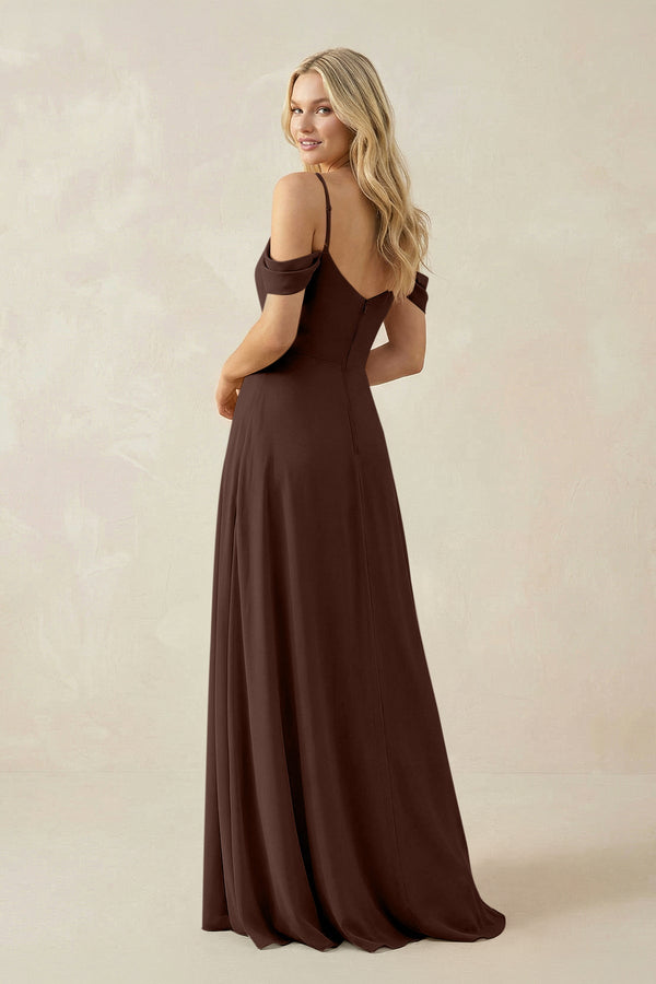 Off - the - Shoulder Chiffon A - Line Maxi Bridesmaid Dress in Espresso - KissProm Bridesmaid Dresses