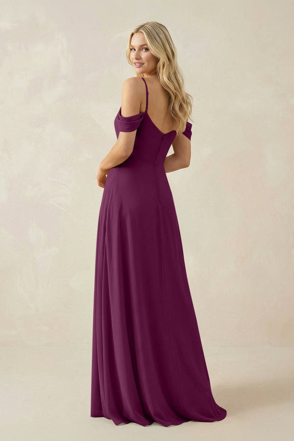 Off - the - Shoulder Chiffon A - Line Maxi Bridesmaid Dress in Fig - KissProm Bridesmaid Dresses