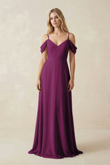 Off - the - Shoulder Chiffon A - Line Maxi Bridesmaid Dress in Fig - KissProm Bridesmaid Dresses