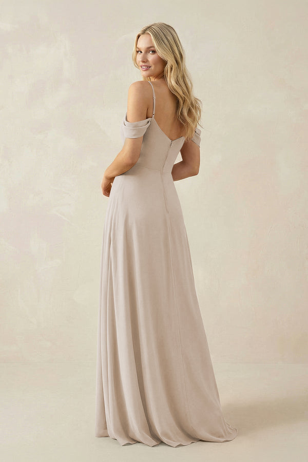 Off - the - Shoulder Chiffon A - Line Maxi Bridesmaid Dress in Frost - KissProm Bridesmaid Dresses