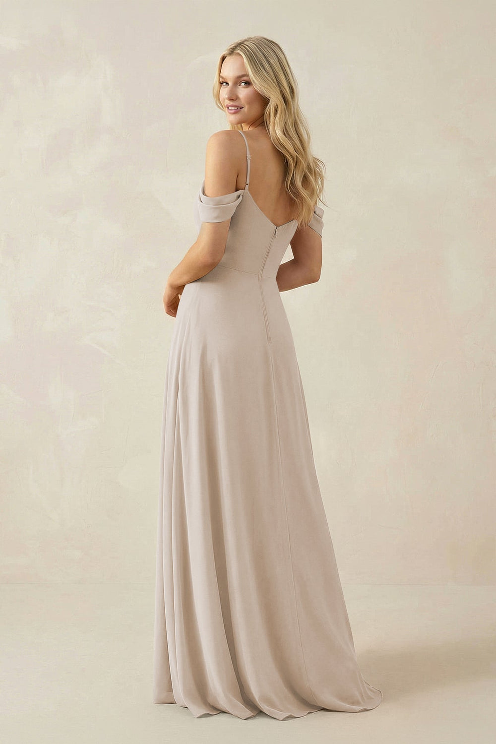 Off - the - Shoulder Chiffon A - Line Maxi Bridesmaid Dress in Frost - KissProm Bridesmaid Dresses
