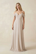 Off - the - Shoulder Chiffon A - Line Maxi Bridesmaid Dress in Frost - KissProm Bridesmaid Dresses