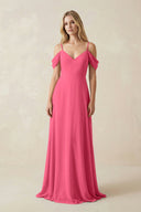 Off - the - Shoulder Chiffon A - Line Maxi Bridesmaid Dress in Fuchsia - KissProm Bridesmaid Dresses