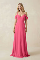 Off - the - Shoulder Chiffon A - Line Maxi Bridesmaid Dress in Fuchsia - KissProm Bridesmaid Dresses