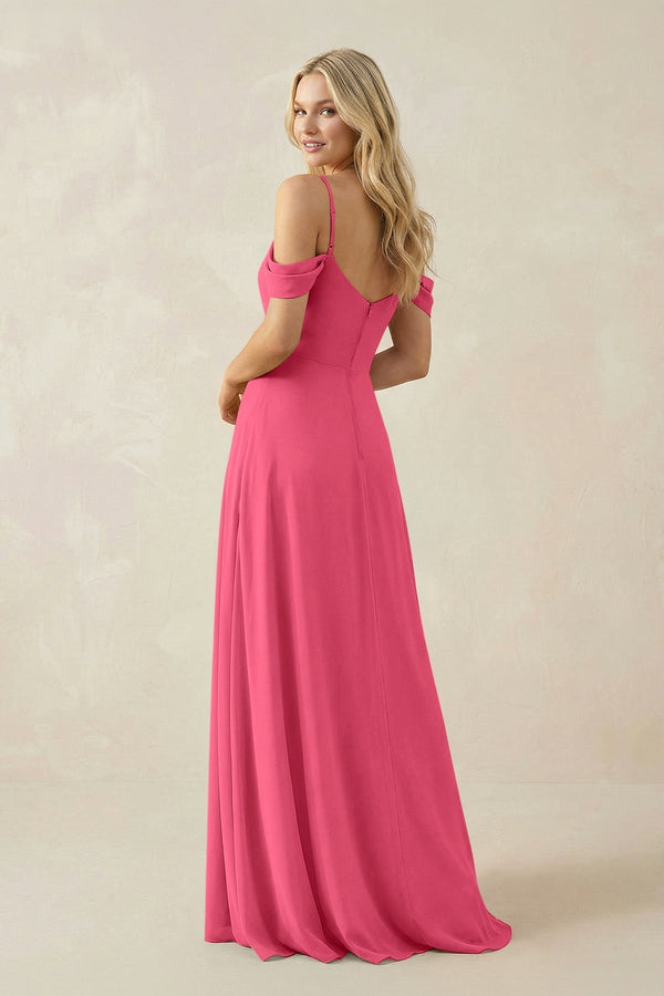 Off - the - Shoulder Chiffon A - Line Maxi Bridesmaid Dress in Fuchsia - KissProm Bridesmaid Dresses