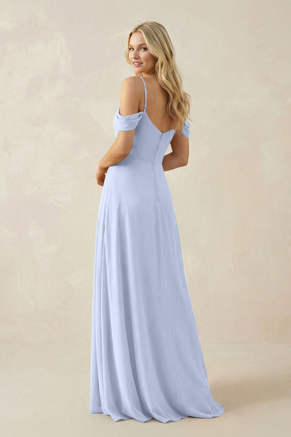 Off - the - Shoulder Chiffon A - Line Maxi Bridesmaid Dress in Ice - KissProm Bridesmaid Dresses