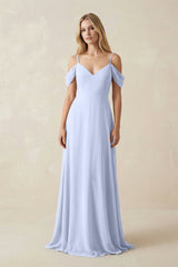 Off - the - Shoulder Chiffon A - Line Maxi Bridesmaid Dress in Ice - KissProm Bridesmaid Dresses