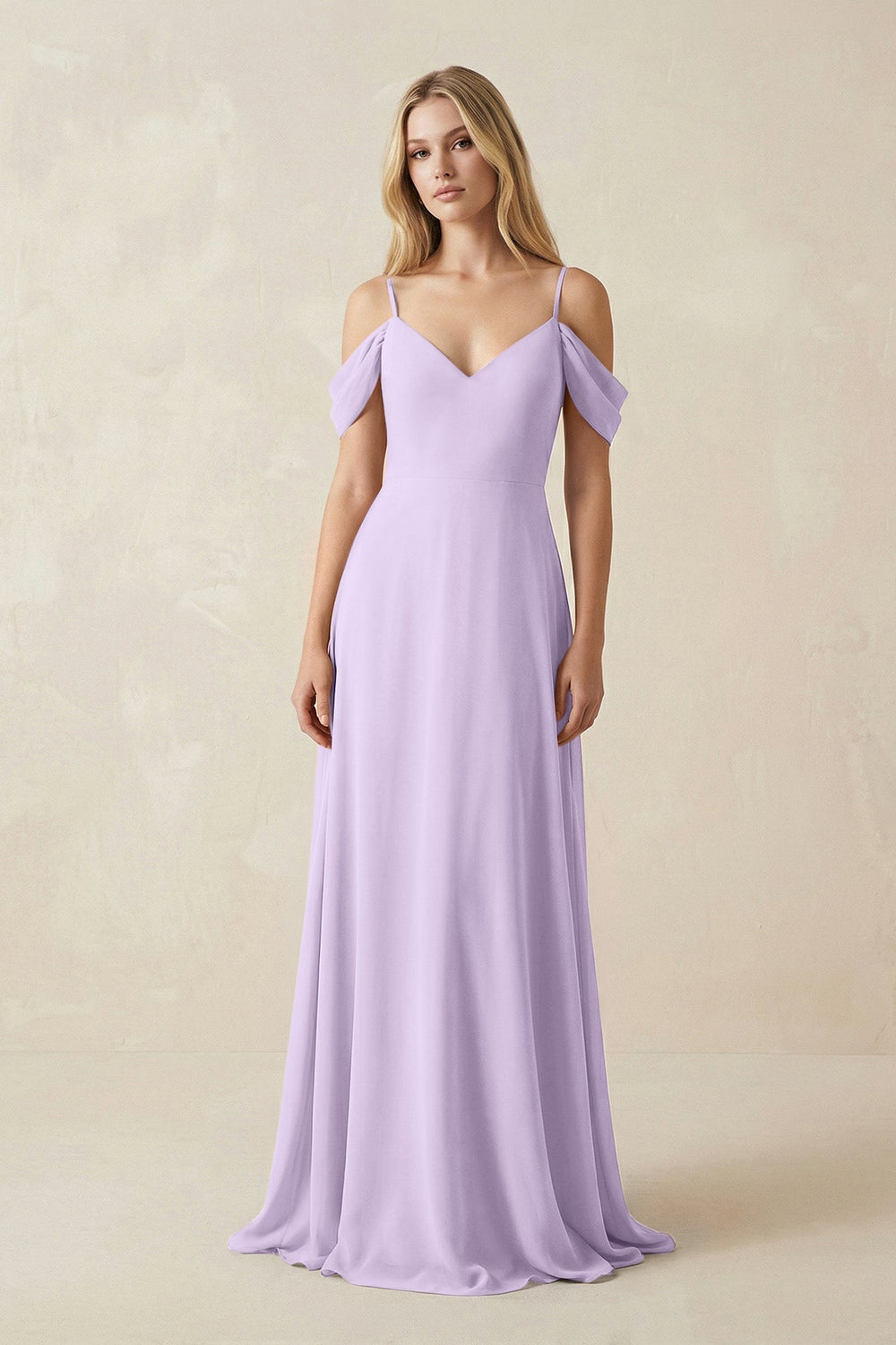 Off - the - Shoulder Chiffon A - Line Maxi Bridesmaid Dress in Lavender - KissProm Bridesmaid Dresses