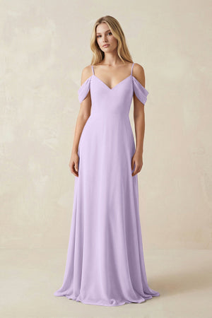 Off - the - Shoulder Chiffon A - Line Maxi Bridesmaid Dress in Lavender - KissProm Bridesmaid Dresses