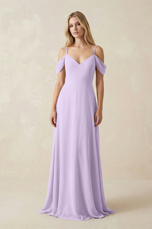 Off - the - Shoulder Chiffon A - Line Maxi Bridesmaid Dress in Lavender - KissProm Bridesmaid Dresses