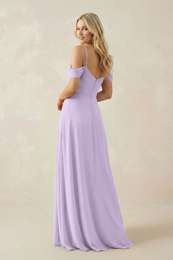 Off - the - Shoulder Chiffon A - Line Maxi Bridesmaid Dress in Lavender - KissProm Bridesmaid Dresses