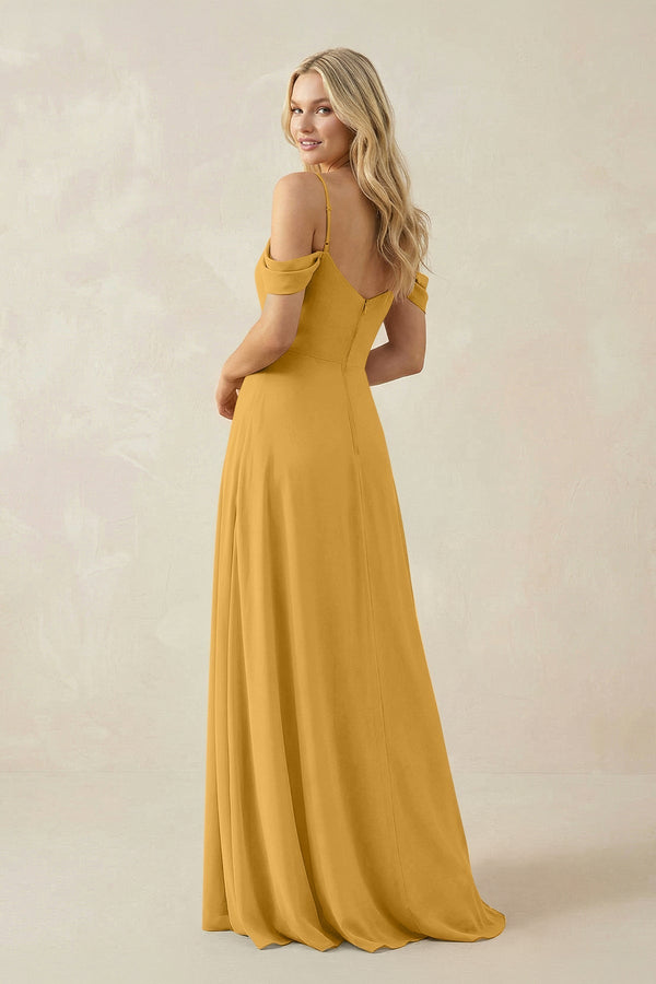 Off - the - Shoulder Chiffon A - Line Maxi Bridesmaid Dress in Marigold - KissProm Bridesmaid Dresses
