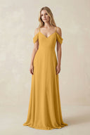 Off - the - Shoulder Chiffon A - Line Maxi Bridesmaid Dress in Marigold - KissProm Bridesmaid Dresses