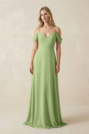 Off - the - Shoulder Chiffon A - Line Maxi Bridesmaid Dress in Matcha - KissProm Bridesmaid Dresses
