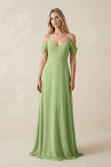 Off - the - Shoulder Chiffon A - Line Maxi Bridesmaid Dress in Matcha - KissProm Bridesmaid Dresses