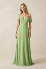 Off - the - Shoulder Chiffon A - Line Maxi Bridesmaid Dress in Matcha - KissProm Bridesmaid Dresses
