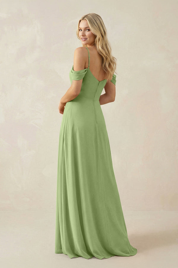 Off - the - Shoulder Chiffon A - Line Maxi Bridesmaid Dress in Matcha - KissProm Bridesmaid Dresses