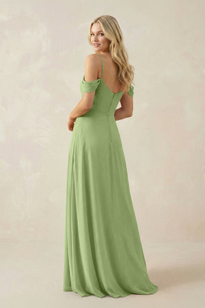 Off - the - Shoulder Chiffon A - Line Maxi Bridesmaid Dress in Matcha - KissProm Bridesmaid Dresses
