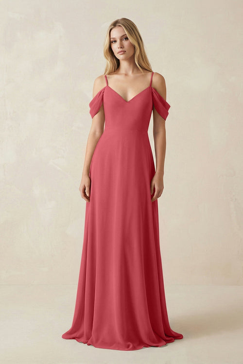 Off - the - Shoulder Chiffon A - Line Maxi Bridesmaid Dress in Merlot - KissProm Bridesmaid Dresses