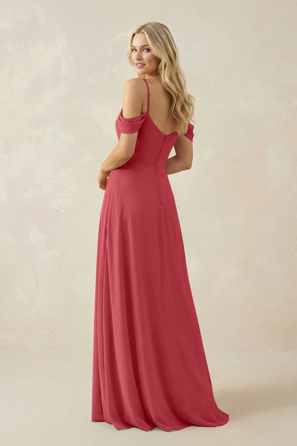 Off - the - Shoulder Chiffon A - Line Maxi Bridesmaid Dress in Merlot - KissProm Bridesmaid Dresses