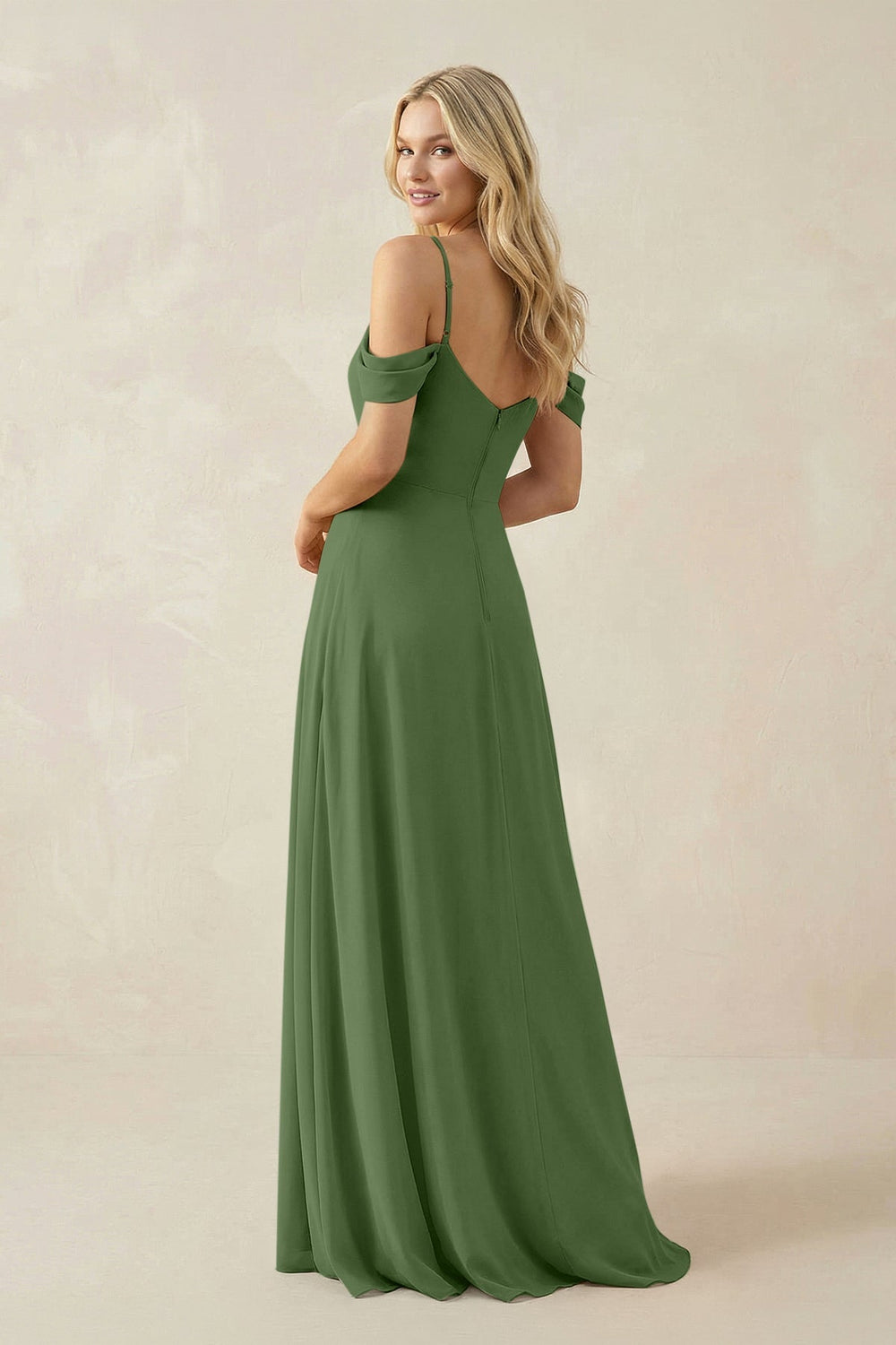 Off - the - Shoulder Chiffon A - Line Maxi Bridesmaid Dress in Moss - KissProm Bridesmaid Dresses