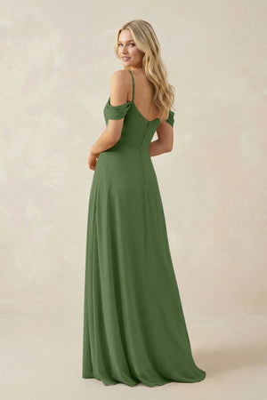 Off - the - Shoulder Chiffon A - Line Maxi Bridesmaid Dress in Moss - KissProm Bridesmaid Dresses