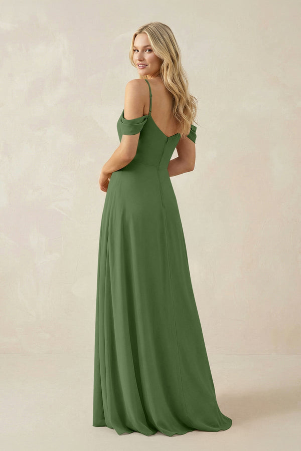 Off - the - Shoulder Chiffon A - Line Maxi Bridesmaid Dress in Moss - KissProm Bridesmaid Dresses
