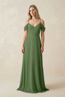 Off - the - Shoulder Chiffon A - Line Maxi Bridesmaid Dress in Moss - KissProm Bridesmaid Dresses