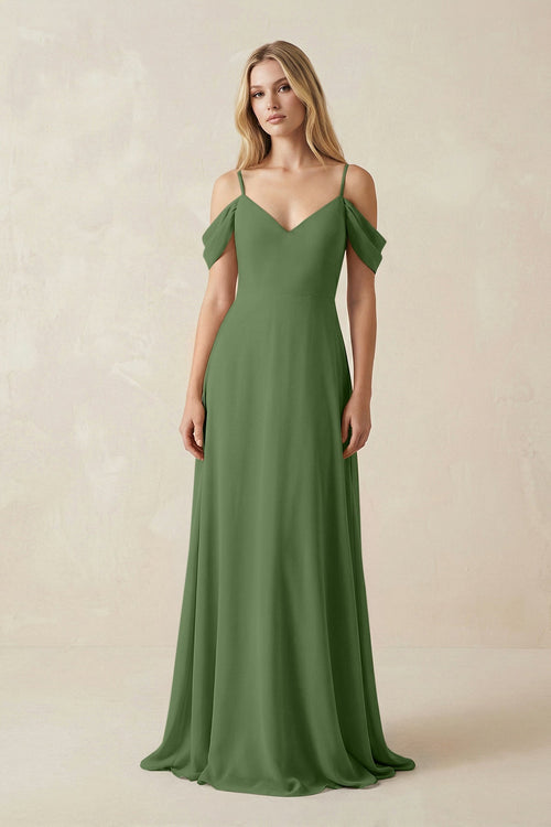 Off - the - Shoulder Chiffon A - Line Maxi Bridesmaid Dress in Moss - KissProm Bridesmaid Dresses