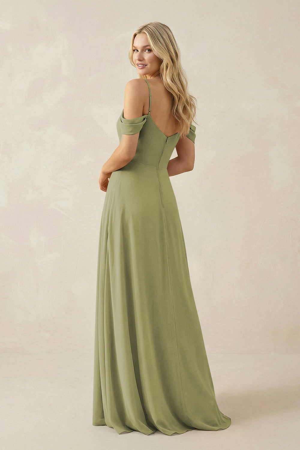 Off - the - Shoulder Chiffon A - Line Maxi Bridesmaid Dress in Moss Green - KissProm Bridesmaid Dresses