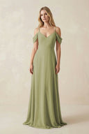 Off - the - Shoulder Chiffon A - Line Maxi Bridesmaid Dress in Moss Green - KissProm Bridesmaid Dresses