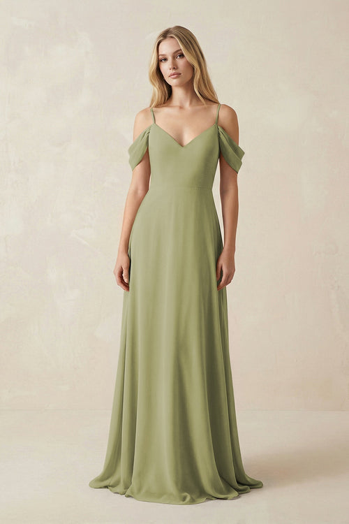 Off - the - Shoulder Chiffon A - Line Maxi Bridesmaid Dress in Moss Green - KissProm Bridesmaid Dresses