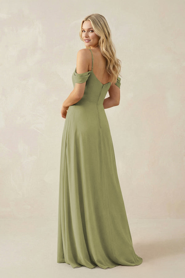 Off - the - Shoulder Chiffon A - Line Maxi Bridesmaid Dress in Moss Green - KissProm Bridesmaid Dresses