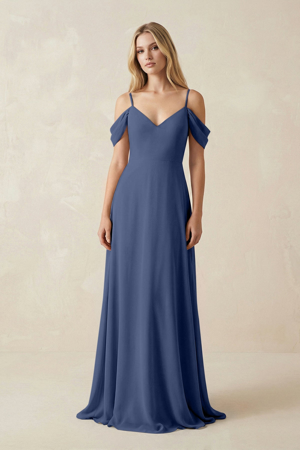 Off - the - Shoulder Chiffon A - Line Maxi Bridesmaid Dress in Navy - KissProm Bridesmaid Dresses