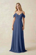 Off - the - Shoulder Chiffon A - Line Maxi Bridesmaid Dress in Navy - KissProm Bridesmaid Dresses