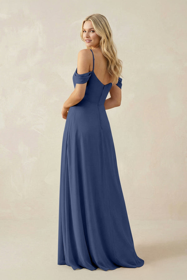 Off - the - Shoulder Chiffon A - Line Maxi Bridesmaid Dress in Navy - KissProm Bridesmaid Dresses