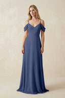 Off - the - Shoulder Chiffon A - Line Maxi Bridesmaid Dress in Navy - KissProm Bridesmaid Dresses