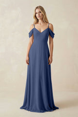 Off - the - Shoulder Chiffon A - Line Maxi Bridesmaid Dress in Navy - KissProm Bridesmaid Dresses