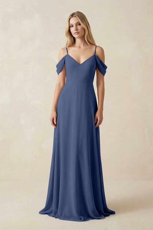 Off - the - Shoulder Chiffon A - Line Maxi Bridesmaid Dress in Navy - KissProm Bridesmaid Dresses