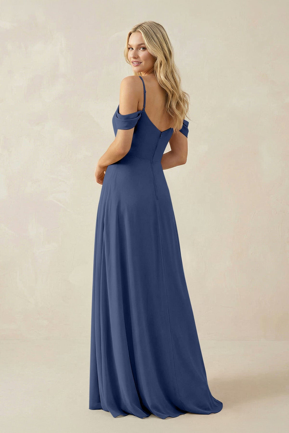 Off - the - Shoulder Chiffon A - Line Maxi Bridesmaid Dress in Navy - KissProm Bridesmaid Dresses