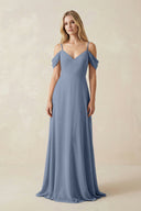 Off - the - Shoulder Chiffon A - Line Maxi Bridesmaid Dress in Neptune - KissProm Bridesmaid Dresses