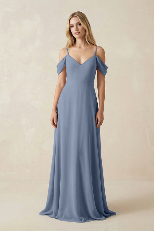 Off - the - Shoulder Chiffon A - Line Maxi Bridesmaid Dress in Neptune - KissProm Bridesmaid Dresses
