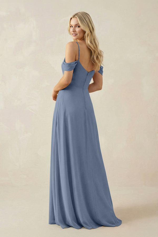 Off - the - Shoulder Chiffon A - Line Maxi Bridesmaid Dress in Neptune - KissProm Bridesmaid Dresses