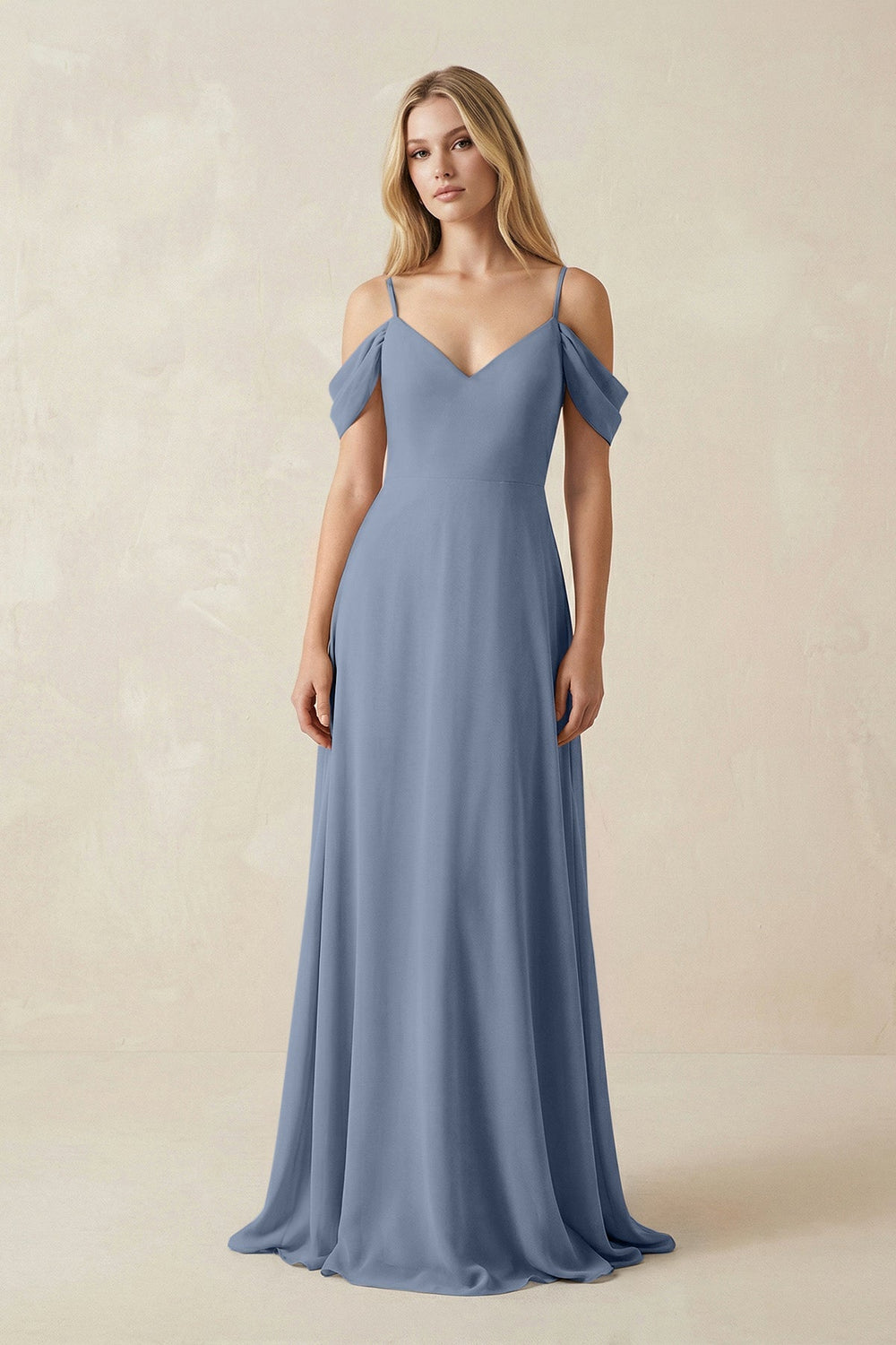 Off - the - Shoulder Chiffon A - Line Maxi Bridesmaid Dress in Neptune - KissProm Bridesmaid Dresses