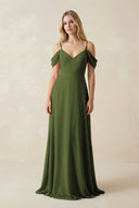 Off - the - Shoulder Chiffon A - Line Maxi Bridesmaid Dress in Olive - KissProm Bridesmaid Dresses