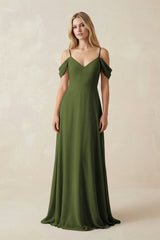 Off - the - Shoulder Chiffon A - Line Maxi Bridesmaid Dress in Olive - KissProm Bridesmaid Dresses