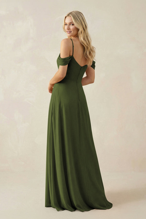 Off - the - Shoulder Chiffon A - Line Maxi Bridesmaid Dress in Olive - KissProm Bridesmaid Dresses
