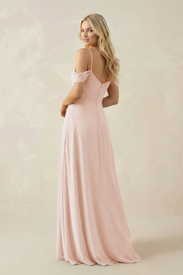 Off - the - Shoulder Chiffon A - Line Maxi Bridesmaid Dress in Pale Blush - KissProm Bridesmaid Dresses