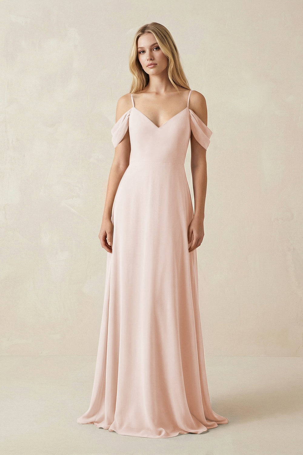 Off - the - Shoulder Chiffon A - Line Maxi Bridesmaid Dress in Pale Blush - KissProm Bridesmaid Dresses
