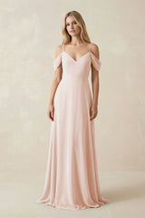 Off - the - Shoulder Chiffon A - Line Maxi Bridesmaid Dress in Pale Blush - KissProm Bridesmaid Dresses